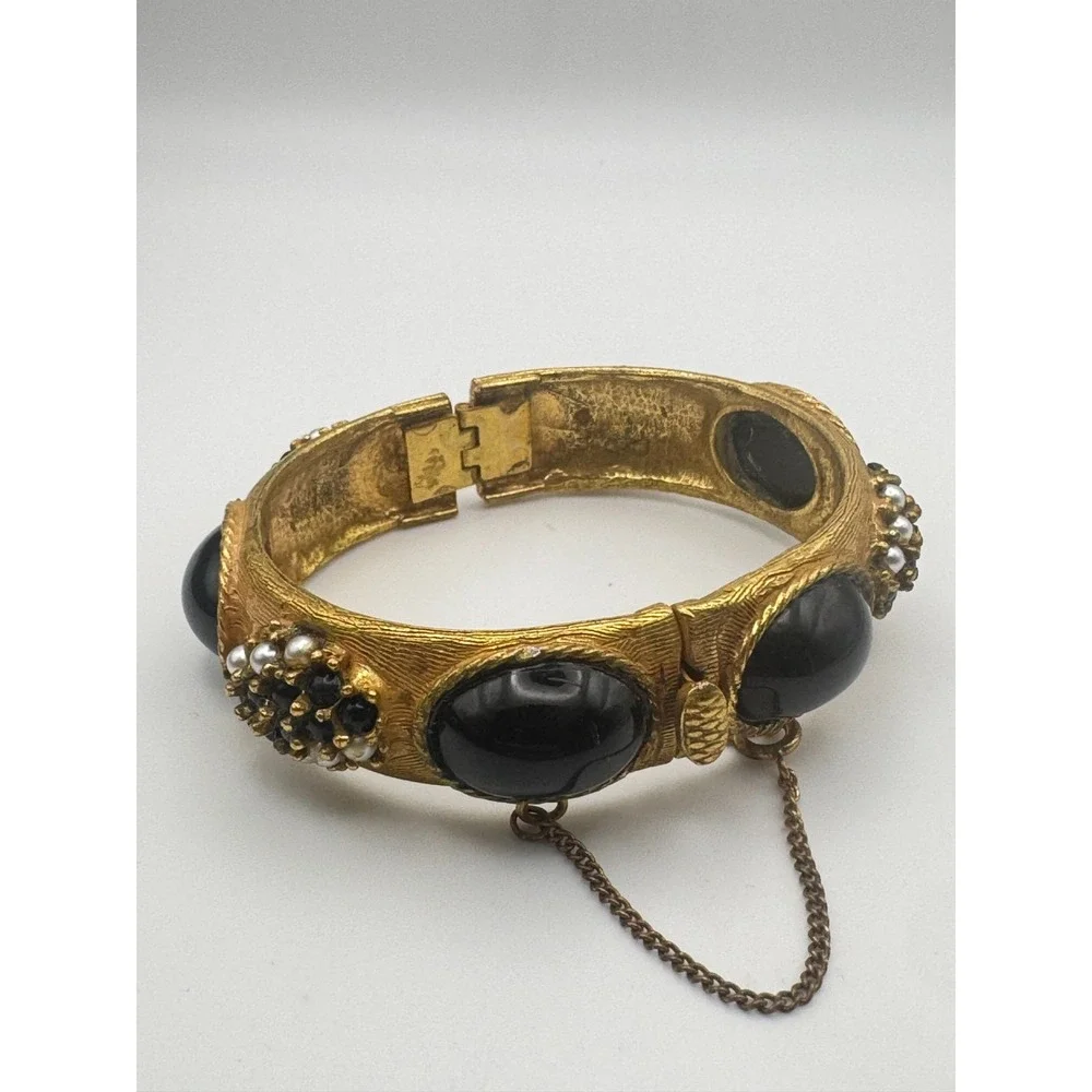 Vintage Original by Robert Bracelet Gold Tone Black Cabochon Clamper Cuff